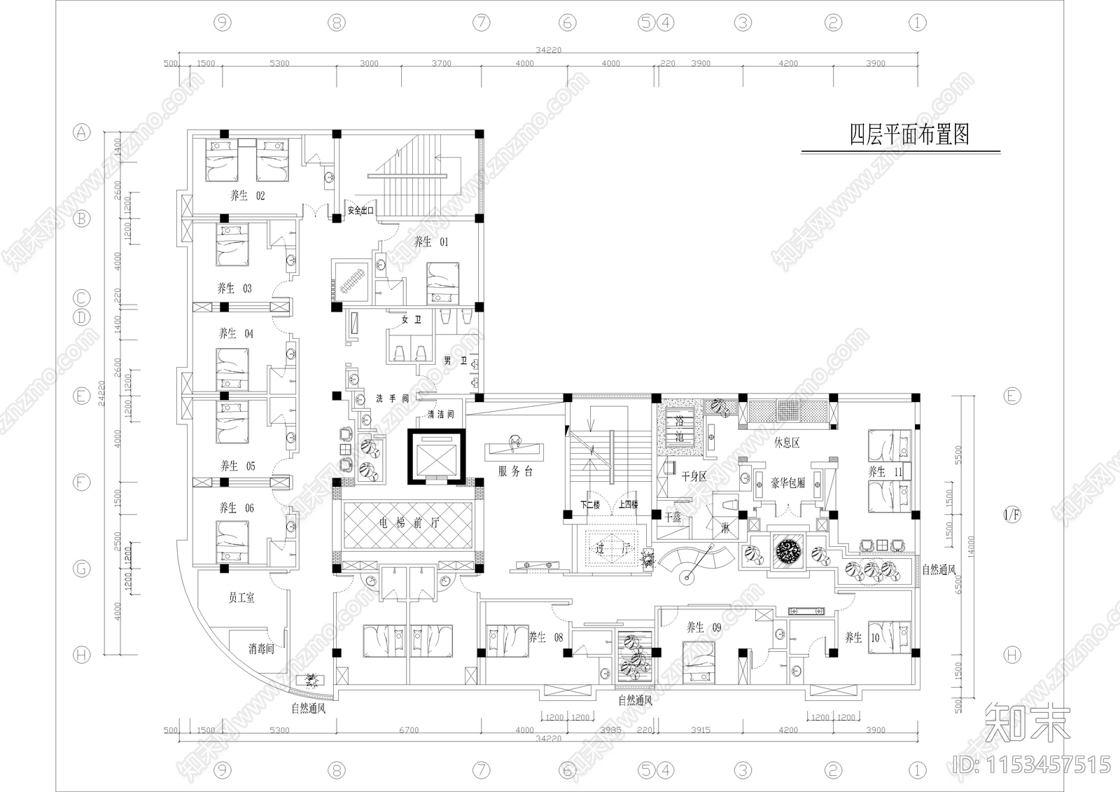 2560㎡足浴足疗休闲会所cad施工图下载【ID:1153457515】