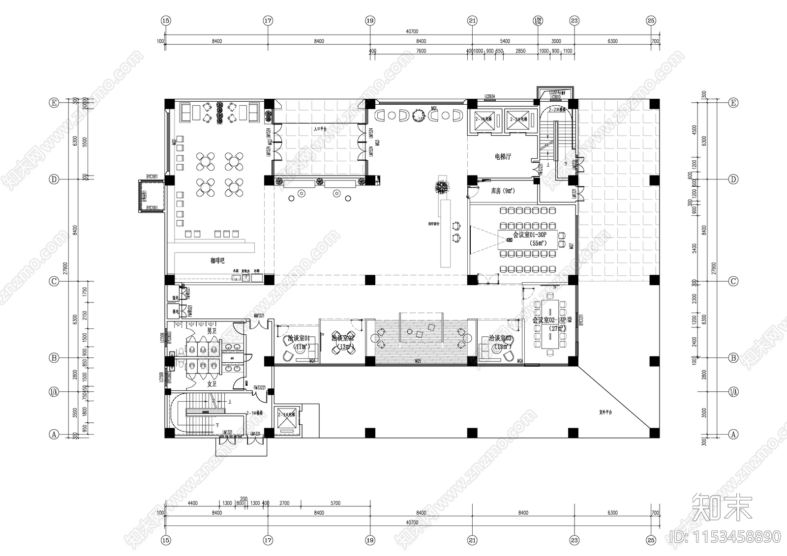 现代办公大堂平面布置图cad施工图下载【ID:1153458890】