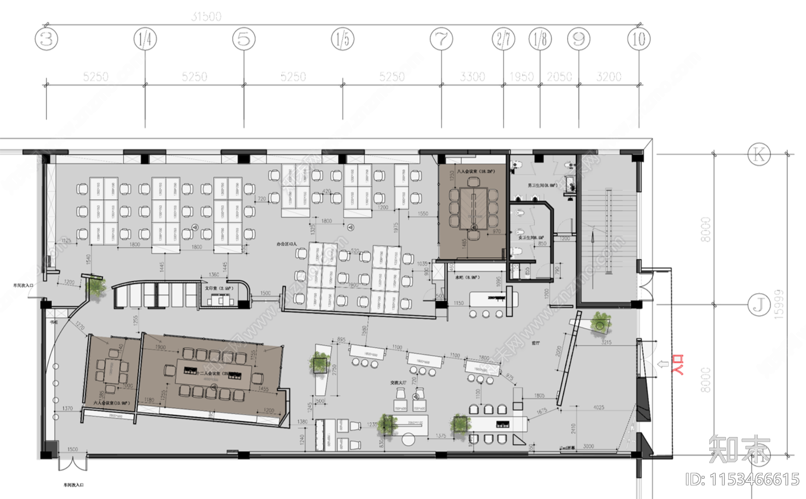 800m²现代办公空间会议室休息区cad施工图下载【ID:1153466615】