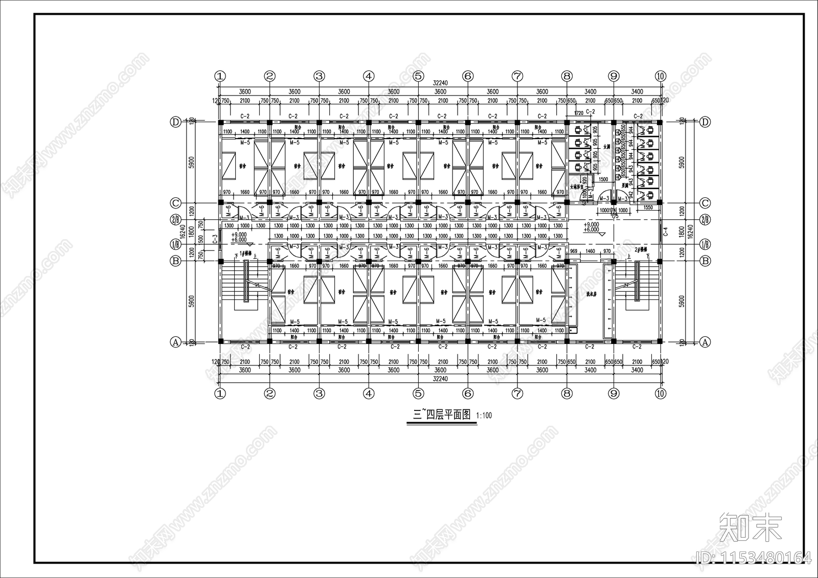 某园区宿舍建筑平面cad施工图下载【ID:1153480164】