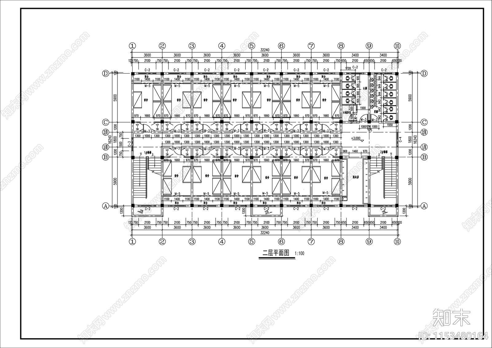 某园区宿舍建筑平面cad施工图下载【ID:1153480164】