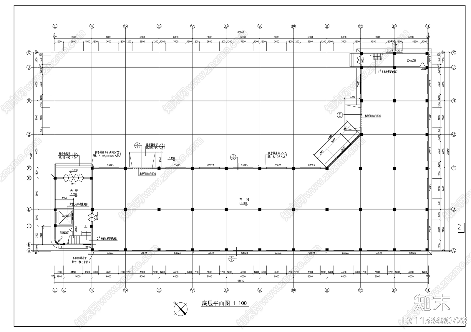 3层框架结构厂房建筑cad施工图下载【ID:1153480728】