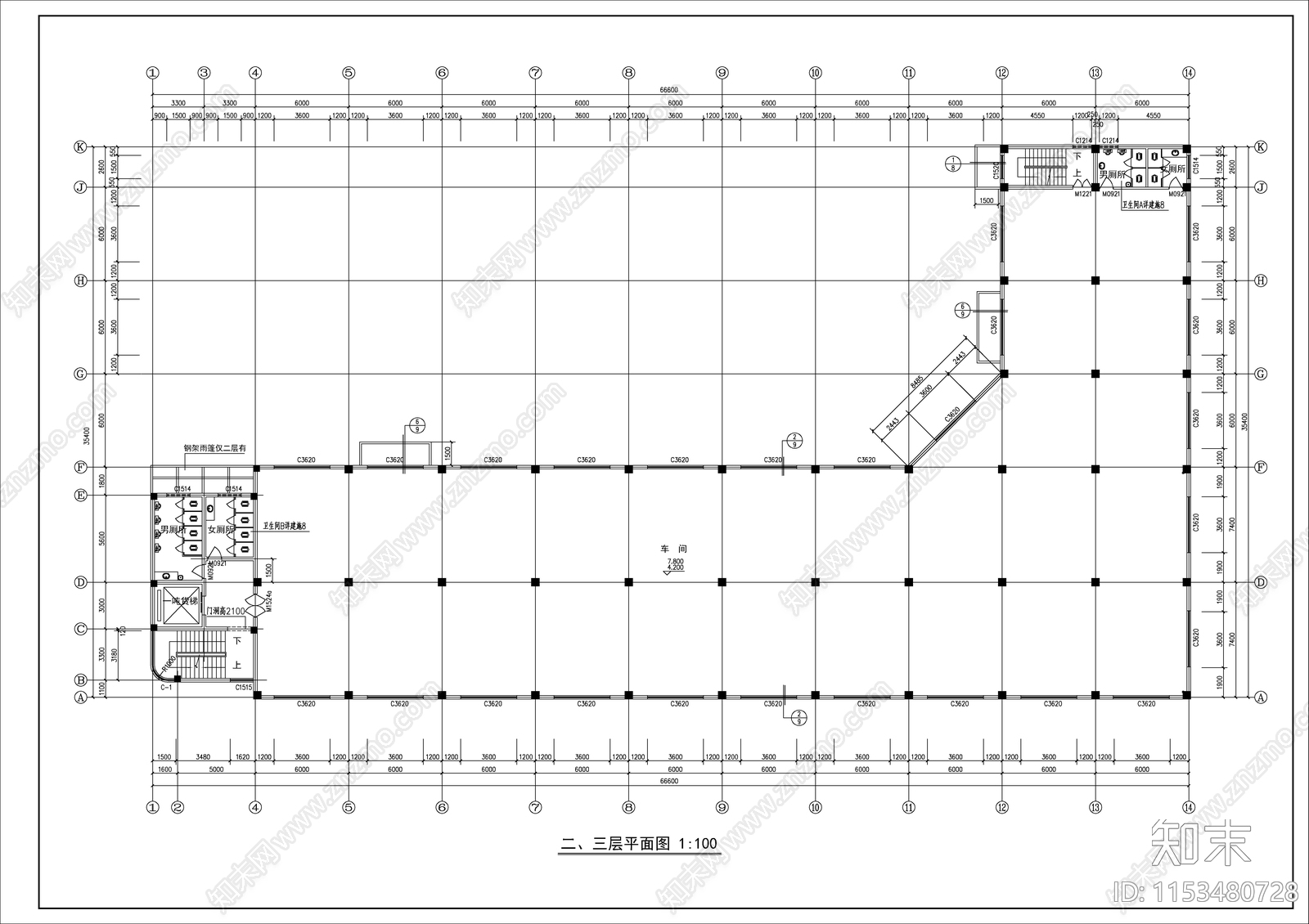 3层框架结构厂房建筑cad施工图下载【ID:1153480728】