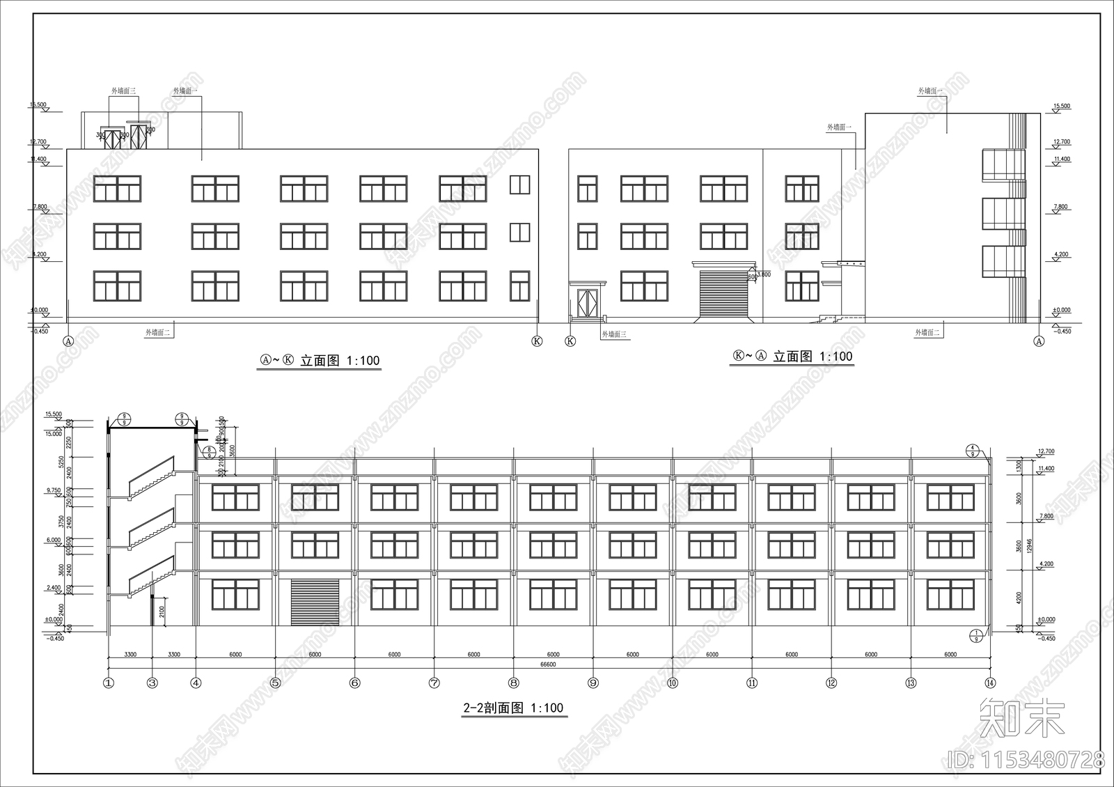 3层框架结构厂房建筑cad施工图下载【ID:1153480728】