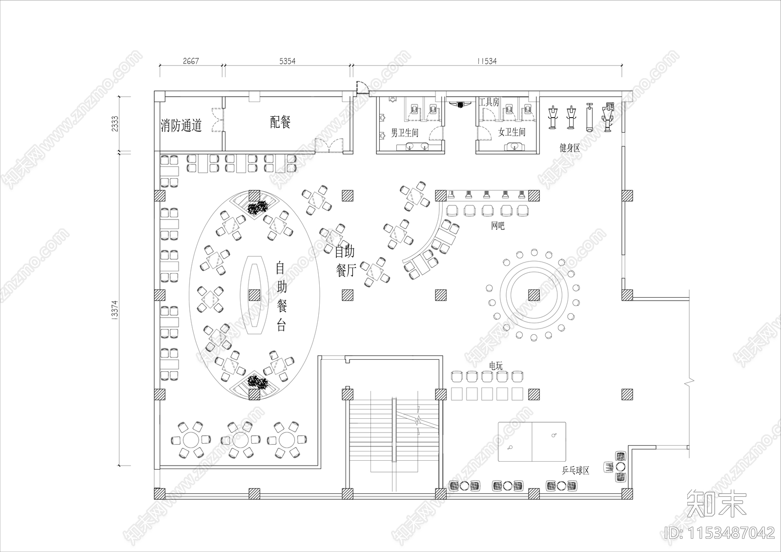 300㎡自助餐厅平面布置图cad施工图下载【ID:1153487042】