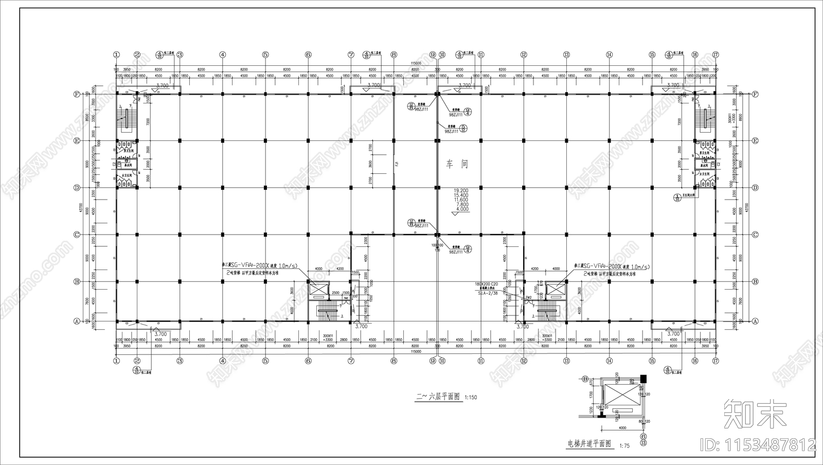 6层框架结构厂房建筑cad施工图下载【ID:1153487812】