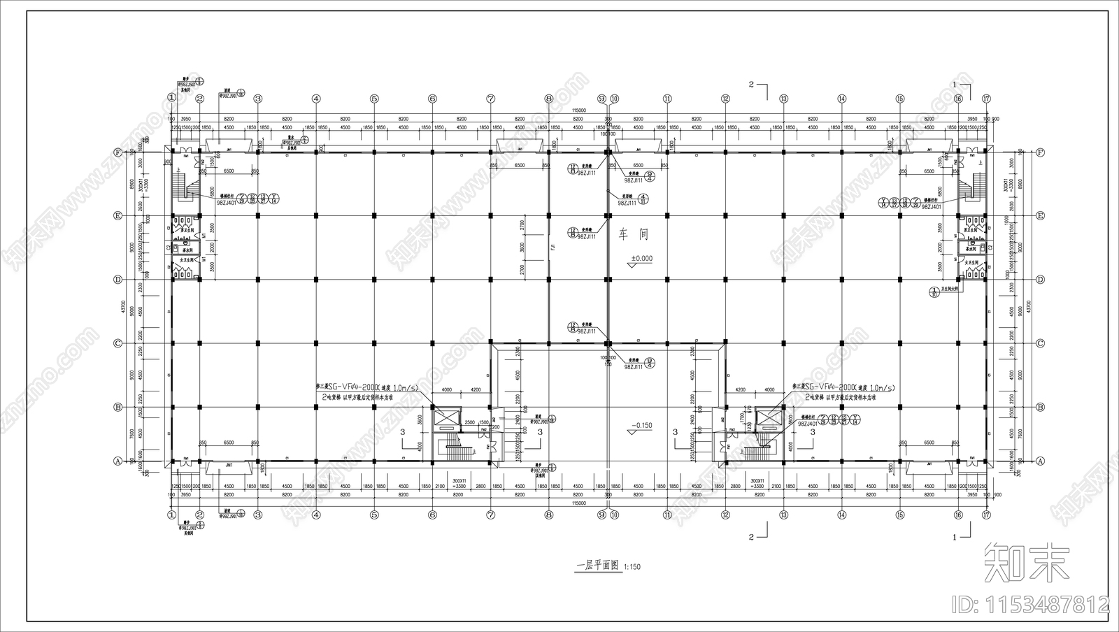 6层框架结构厂房建筑cad施工图下载【ID:1153487812】