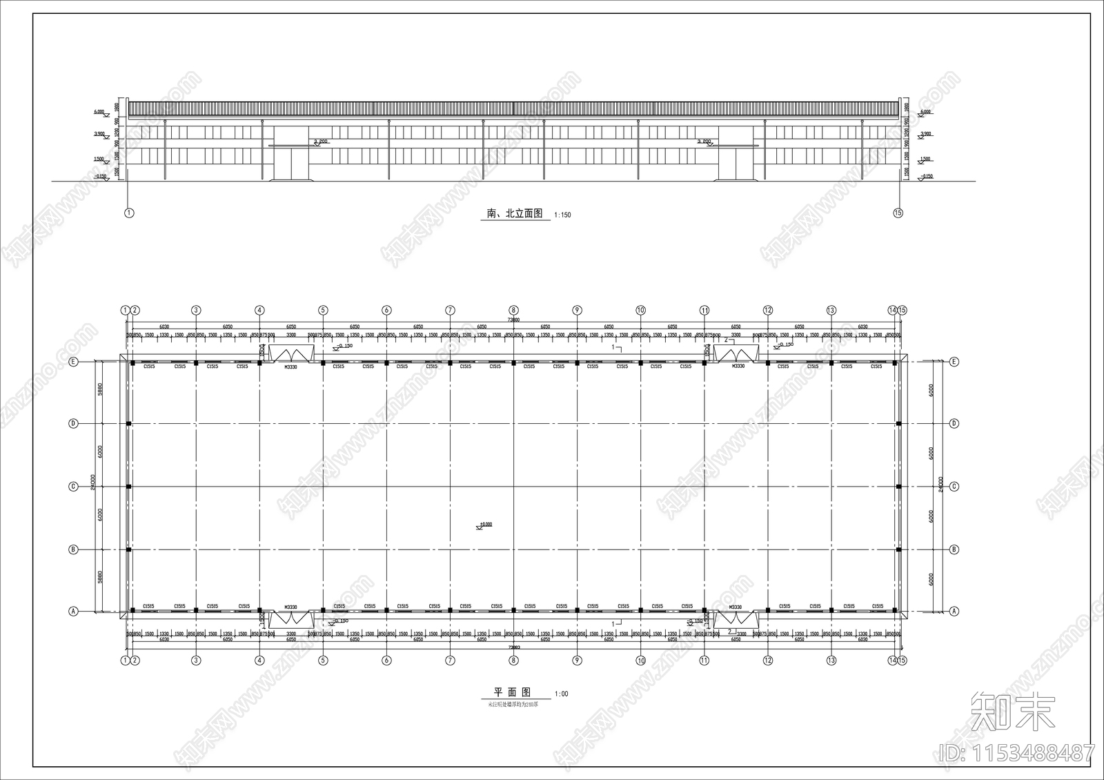 轻钢结构屋面仓库建筑cad施工图下载【ID:1153488487】