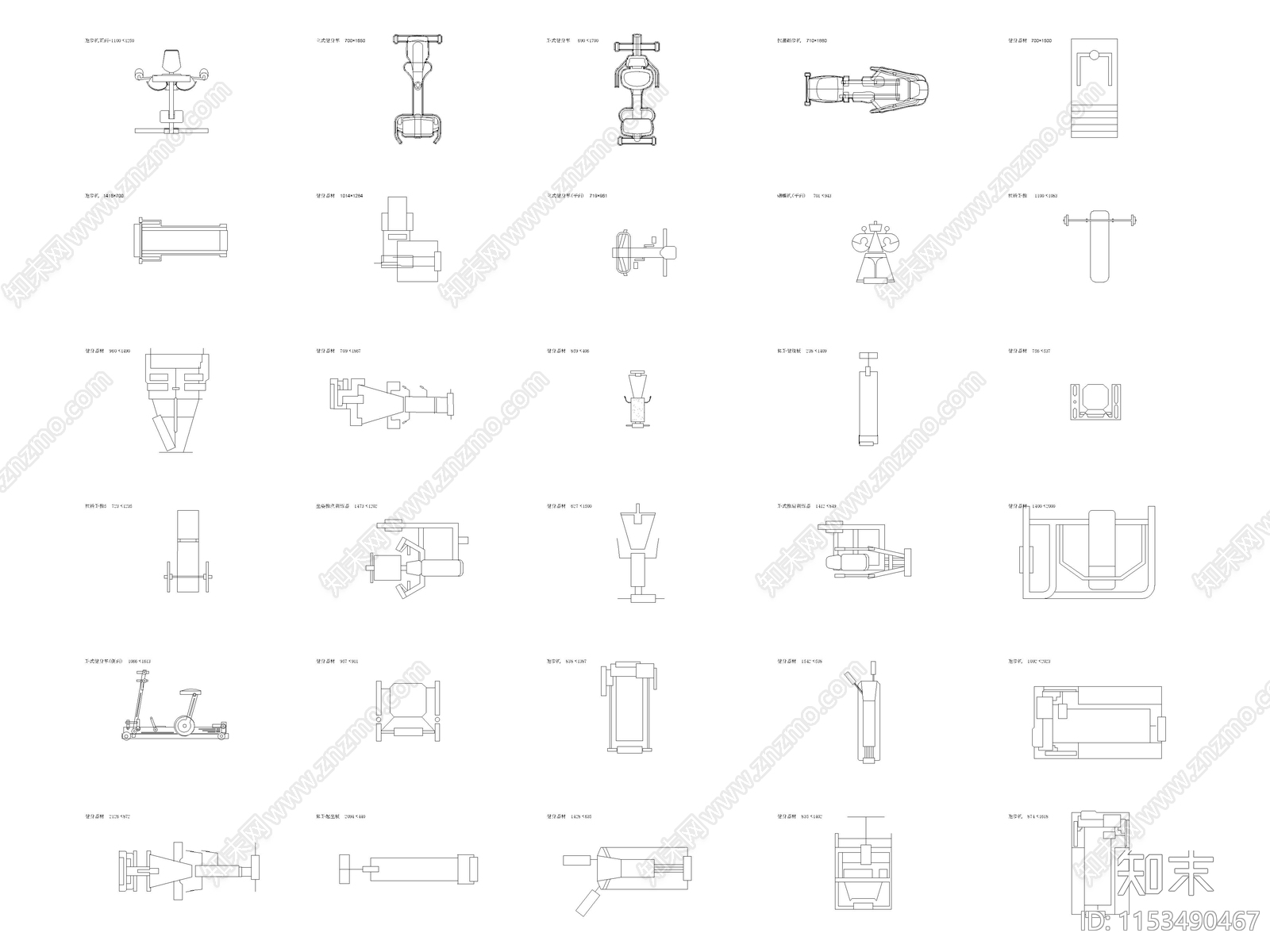 现代健身房运动健身器材施工图下载【ID:1153490467】