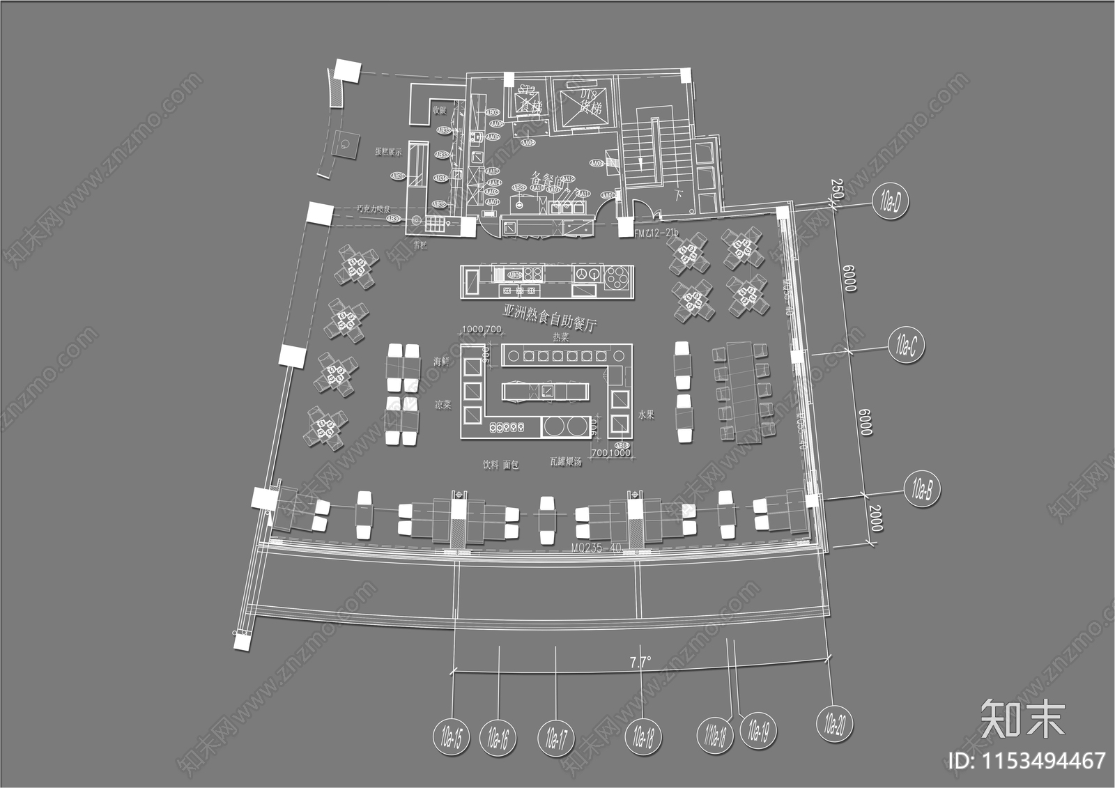 300㎡自助餐厅平面布置图cad施工图下载【ID:1153494467】