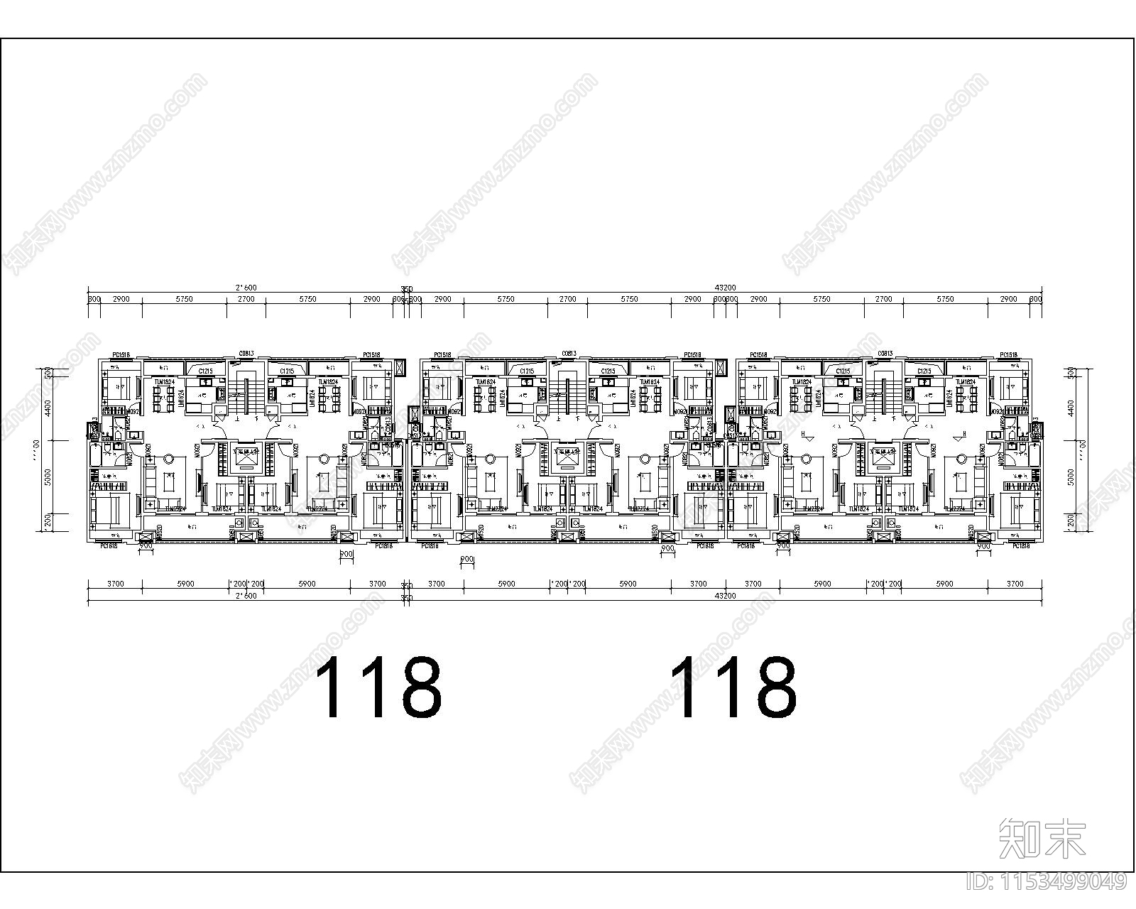 某小区118平米南北通洋房家装cad施工图下载【ID:1153499049】