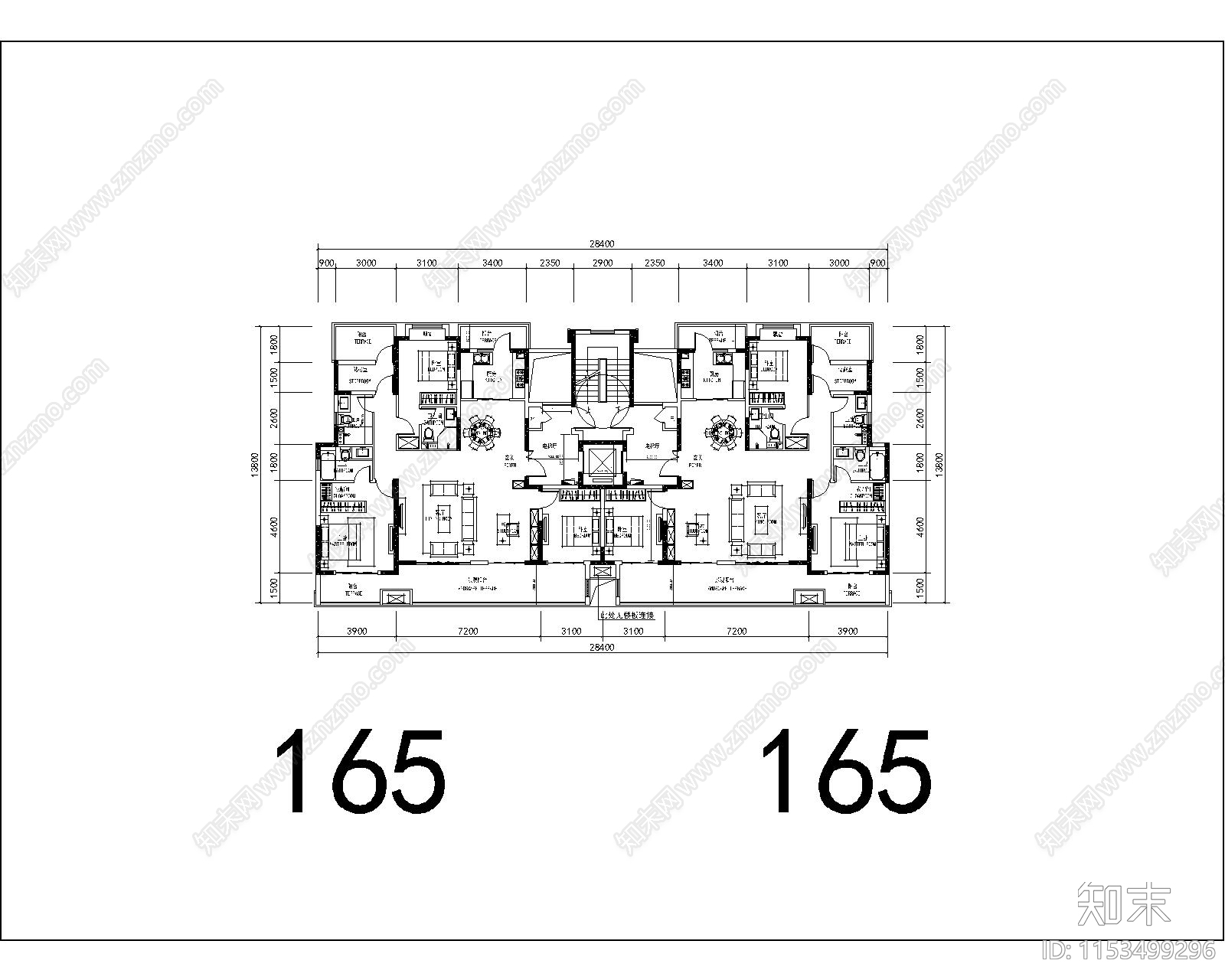 某小区165平方米家装空间施工图下载【ID:1153499296】