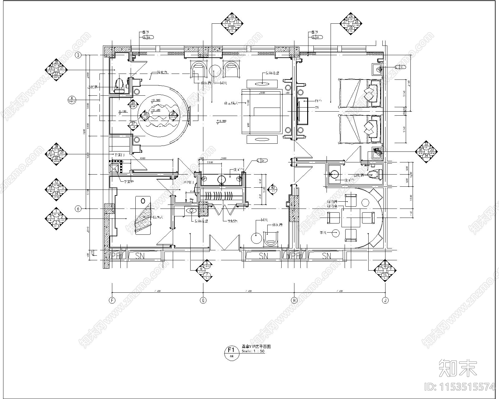 豪华桑拿会所室内cad施工图下载【ID:1153515574】
