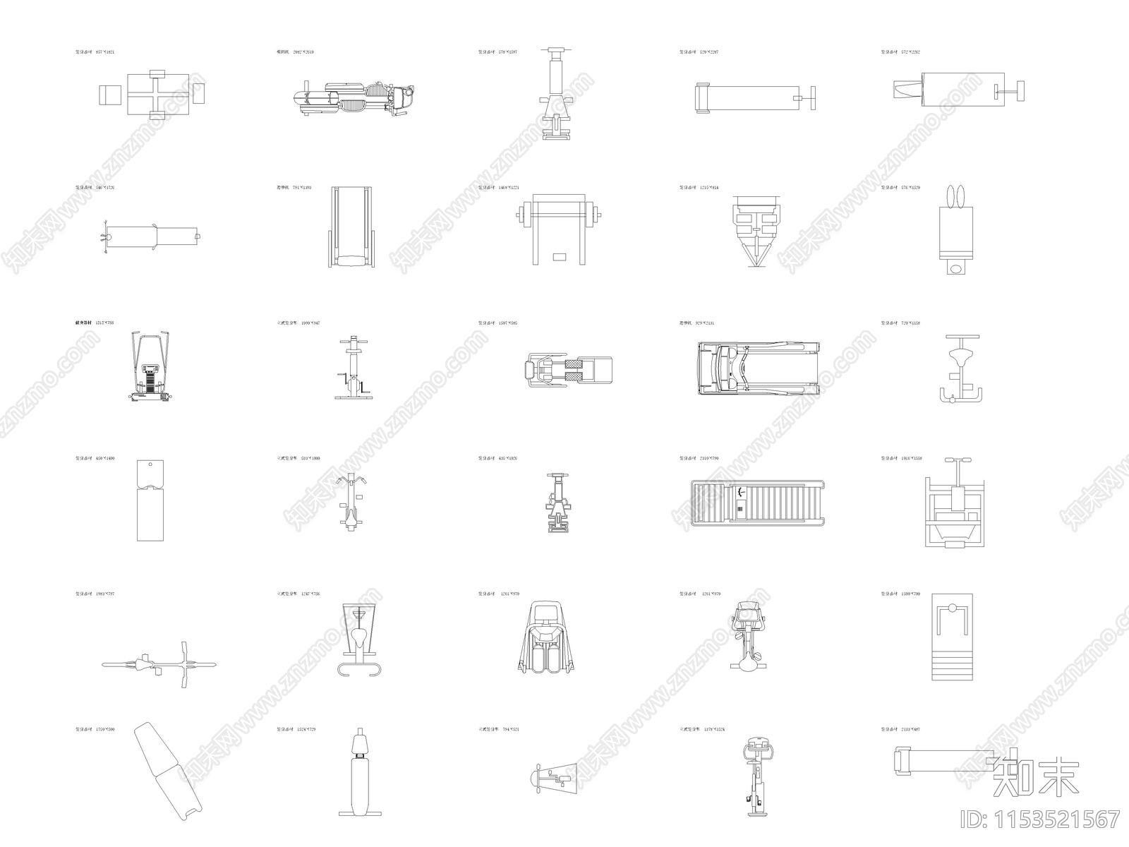 现代健身房运动健身器材平面图图块施工图下载【ID:1153521567】
