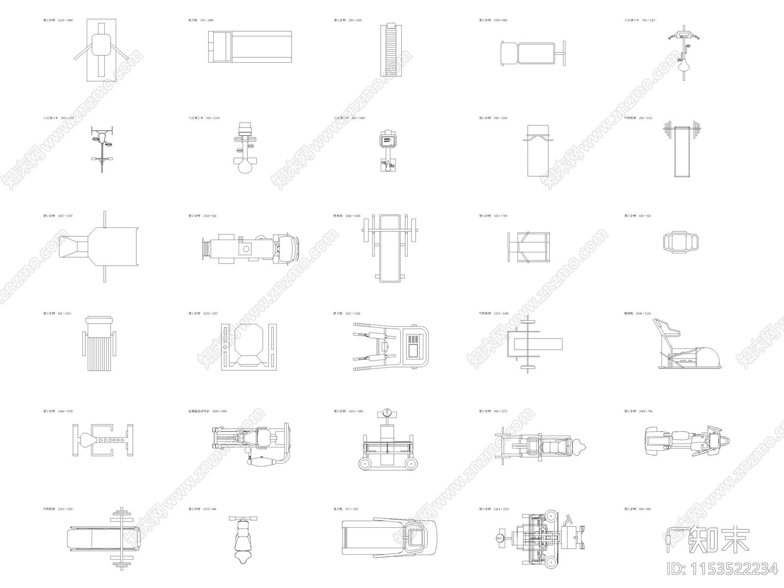 现代健身房运动健身器材平面图图块施工图下载【ID:1153522234】