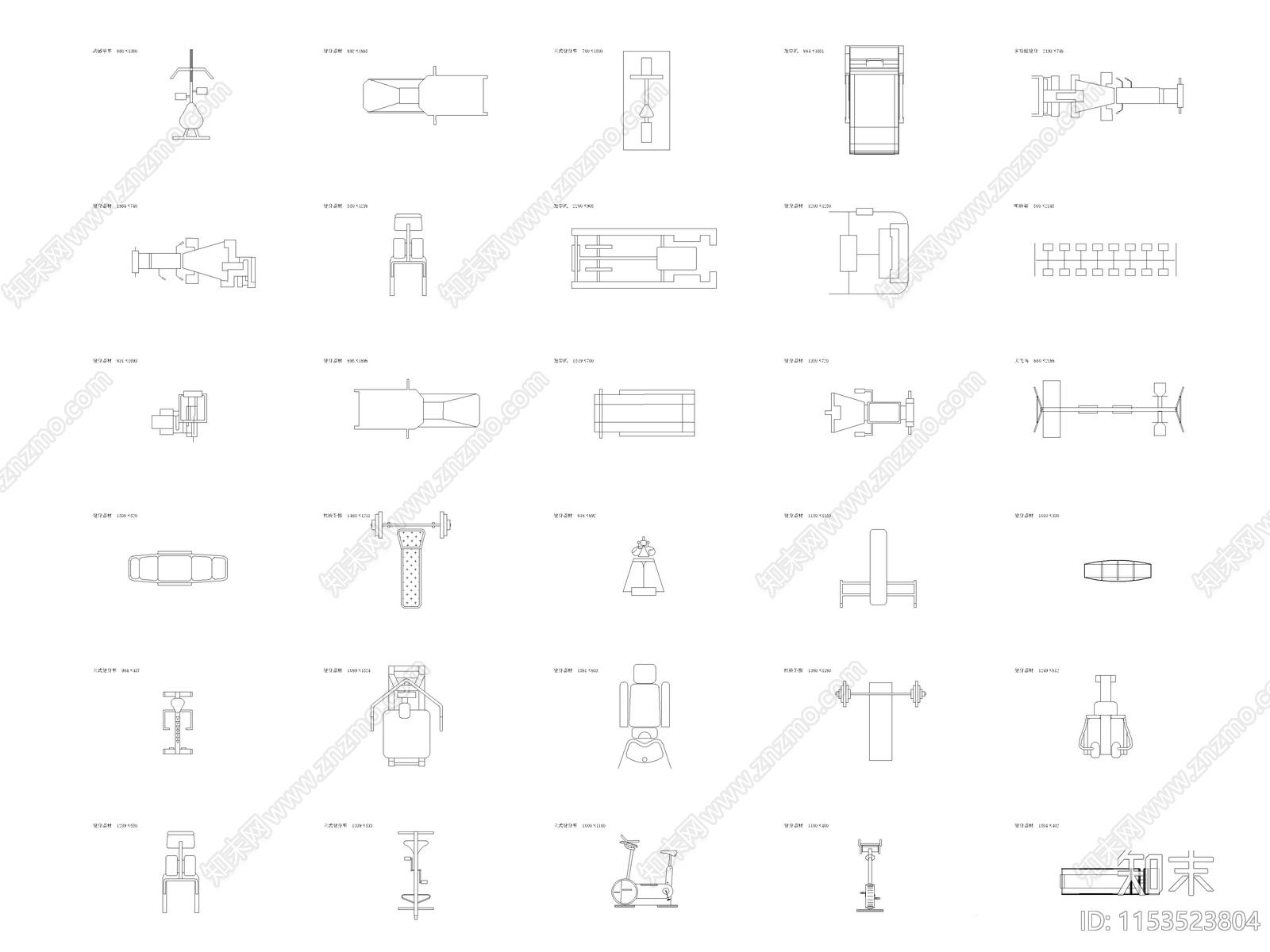 现代健身房运动健身器材平面图图块施工图下载【ID:1153523804】