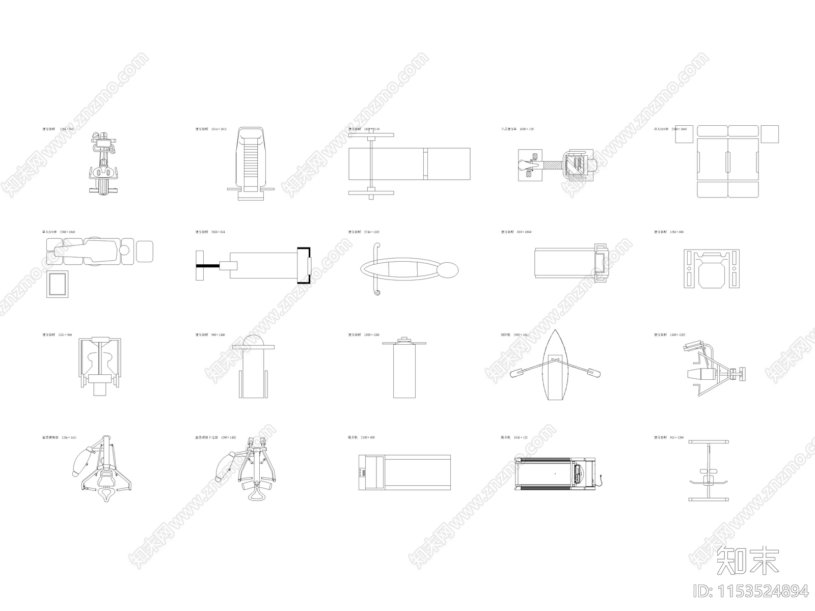现代健身房运动健身器材图块施工图下载【ID:1153524894】