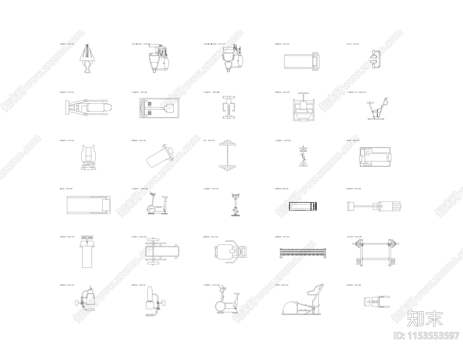 现代健身房运动健身器材图块施工图下载【ID:1153553597】