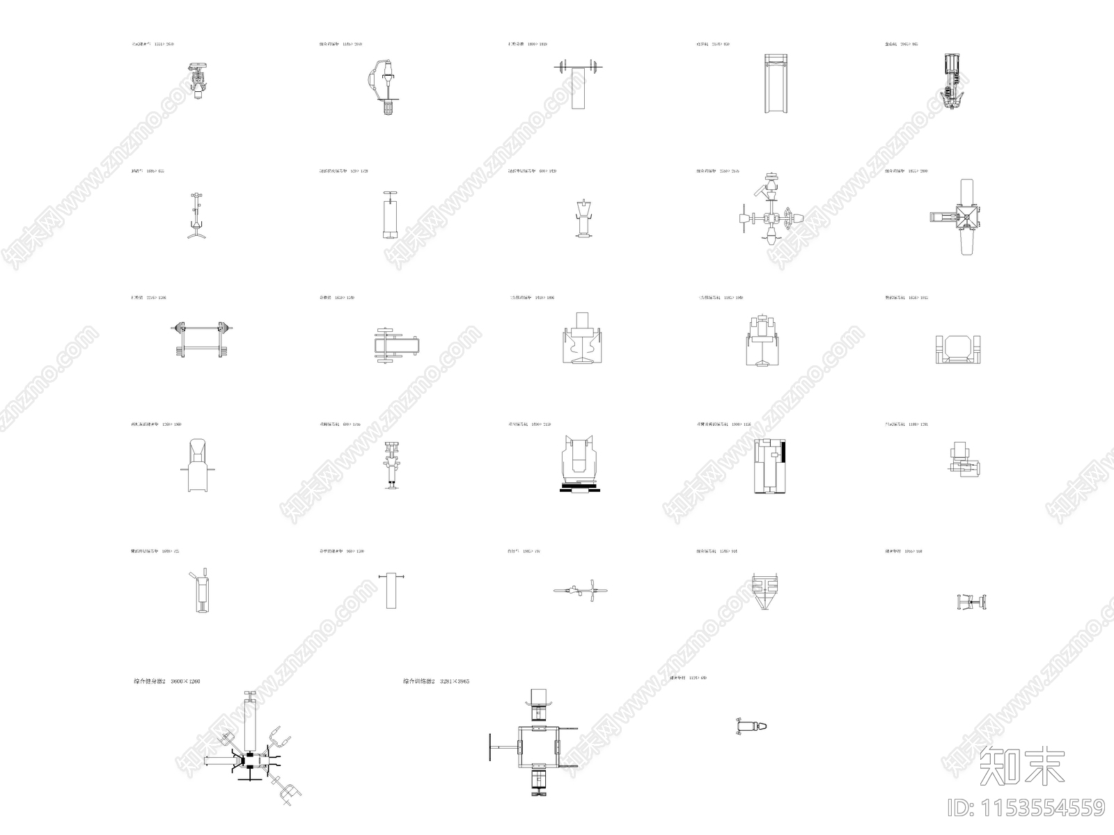现代健身房运动健身器材图块施工图下载【ID:1153554559】