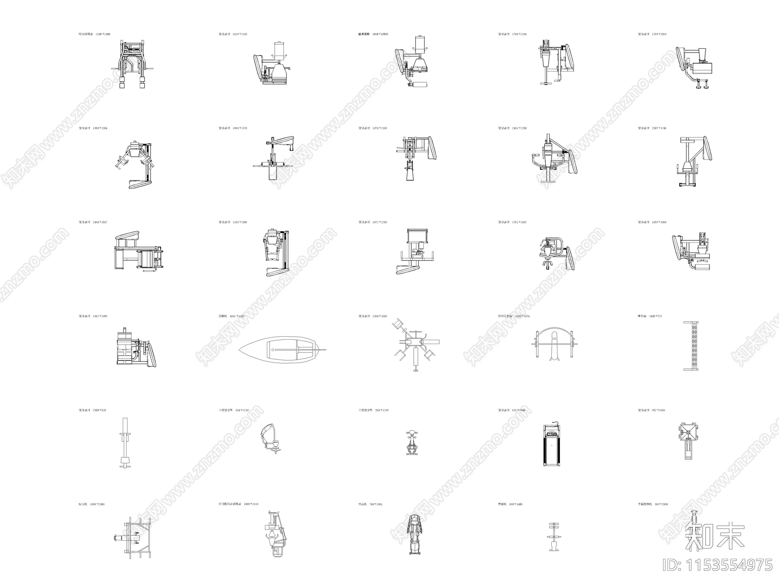 现代健身房运动健身器材图块施工图下载【ID:1153554975】