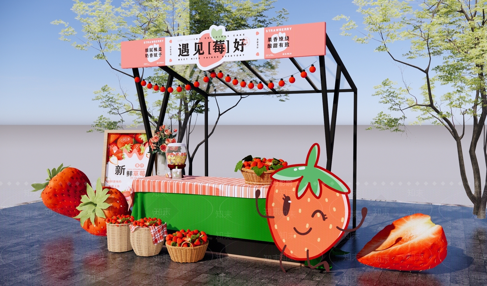 现代草莓水果摊位SU模型下载【ID:1153558126】