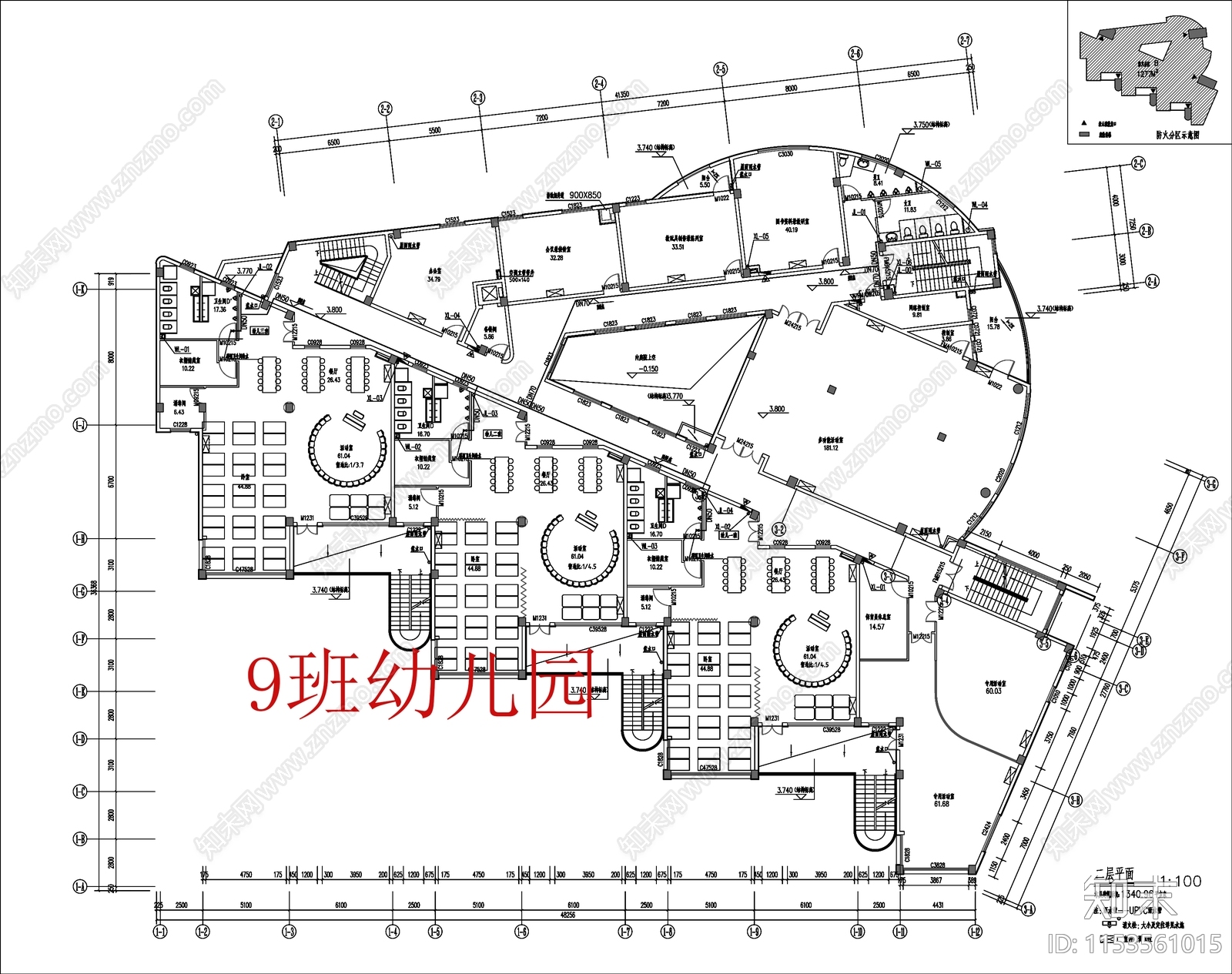 现代9班幼儿园cad施工图下载【ID:1153561015】