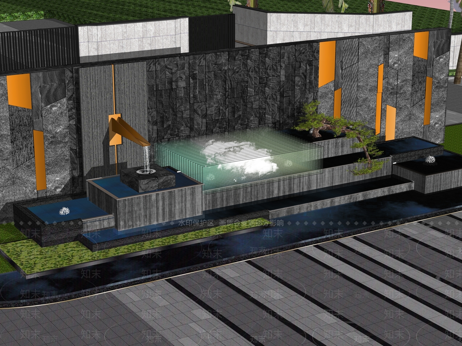 现代跌水对景云朵渐变玻璃雕塑入口景墙SU模型下载【ID:1153562972】