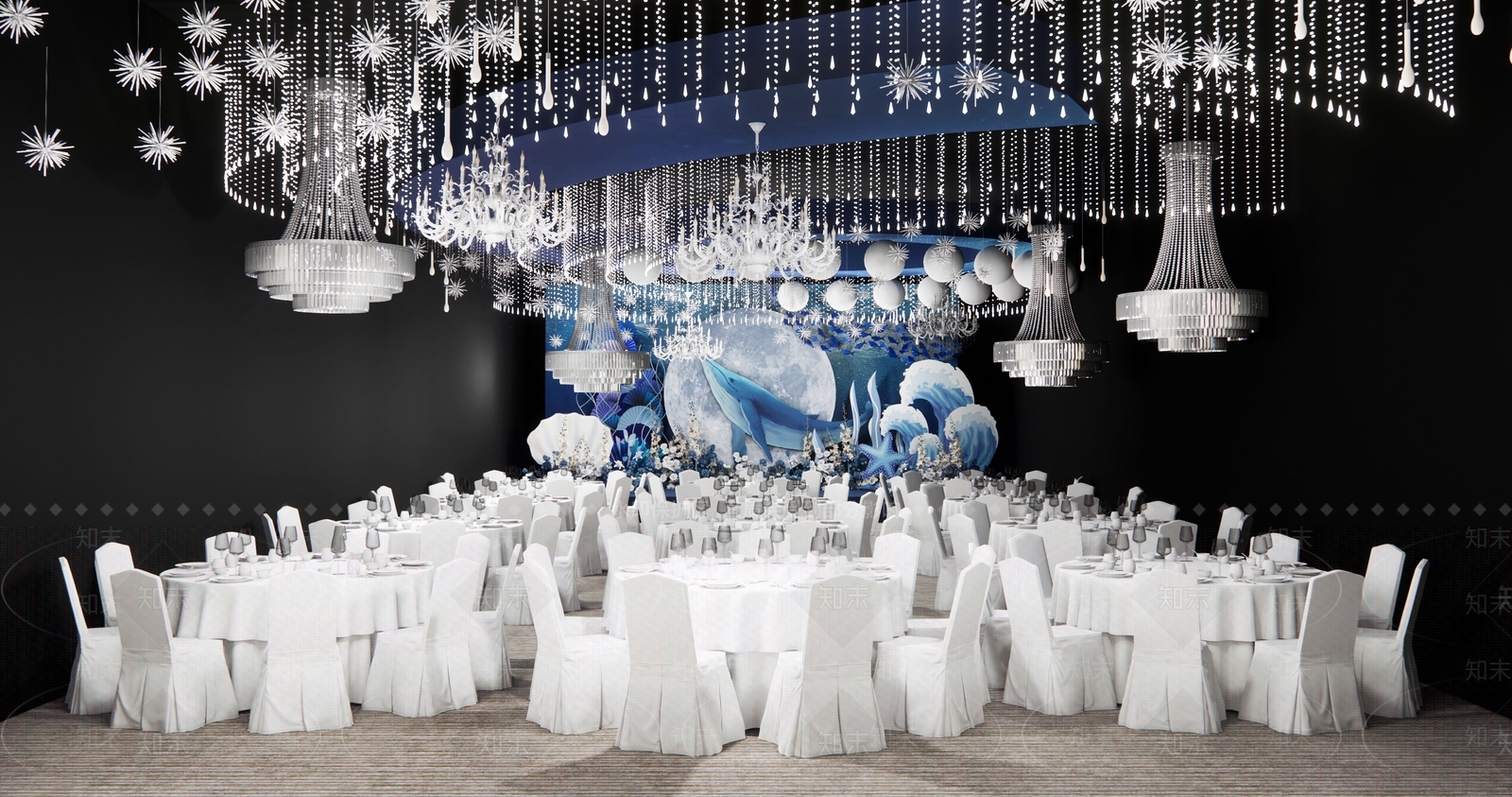 现代海洋婚礼酒店宴会厅SU模型下载【ID:1153591129】