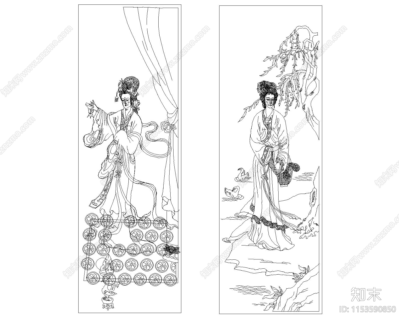 中式美女cad施工图下载【ID:1153590850】