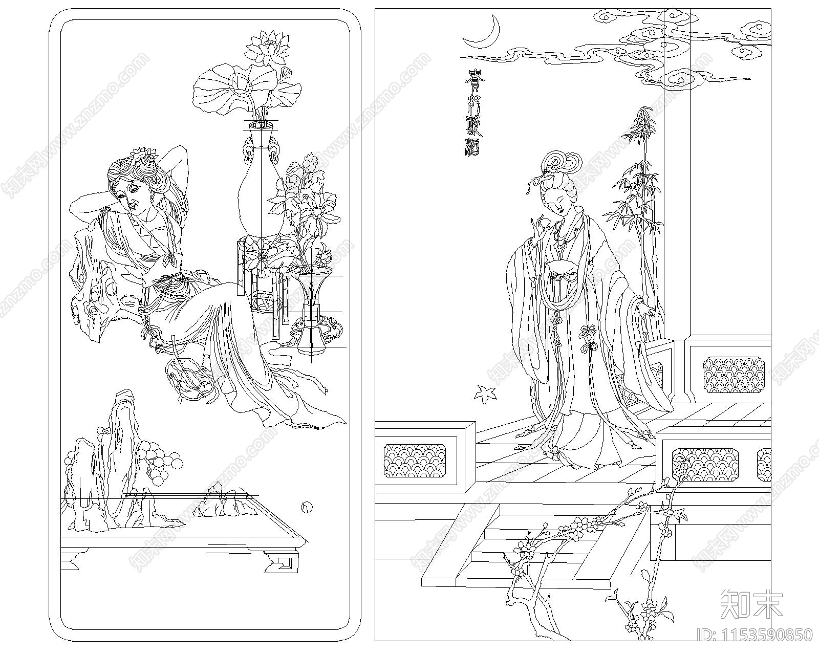中式美女cad施工图下载【ID:1153590850】