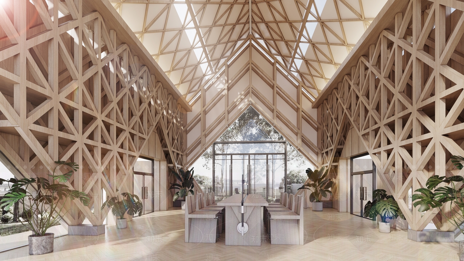 现代木构架图书馆内部SU模型下载【ID:1153597367】