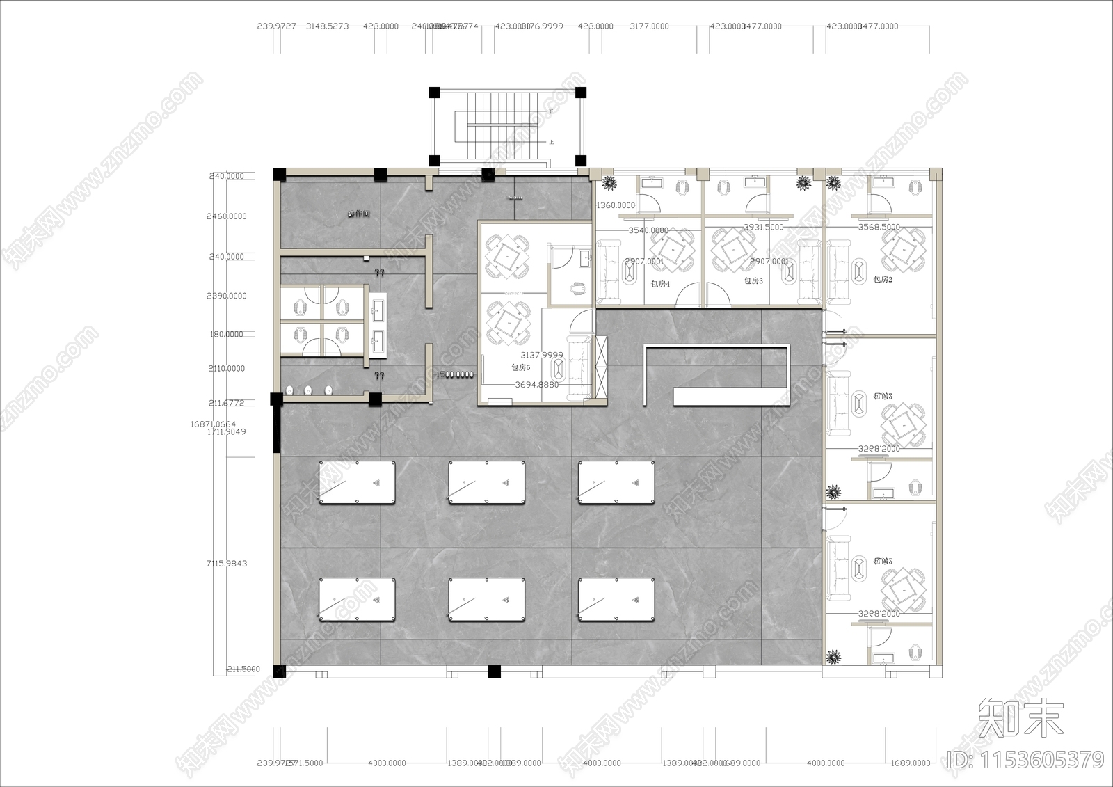 350㎡台球棋牌俱乐部平面布置图施工图下载【ID:1153605379】