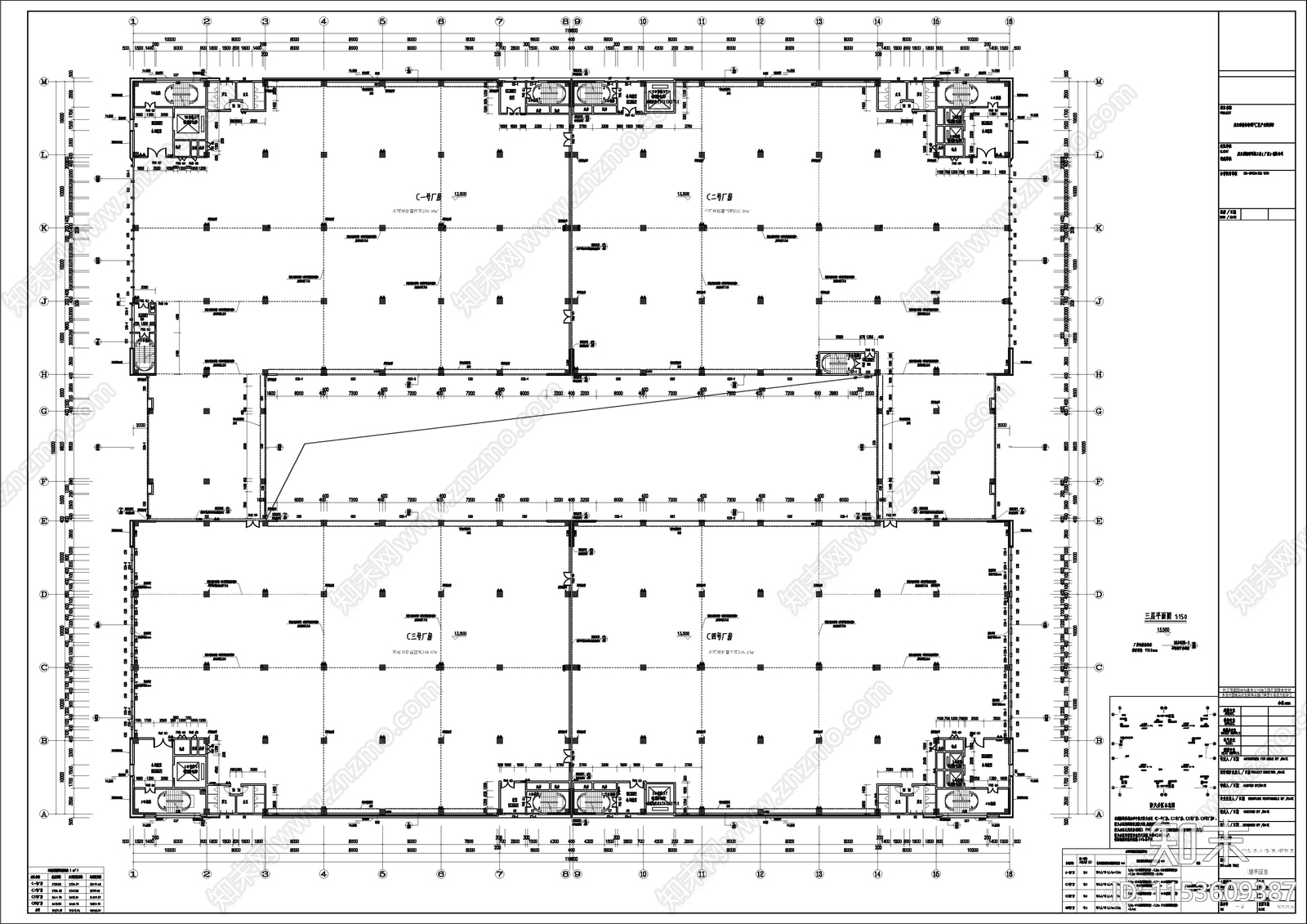 整套智谷产业园8层厂房建筑施工项目cad施工图下载【ID:1153609387】