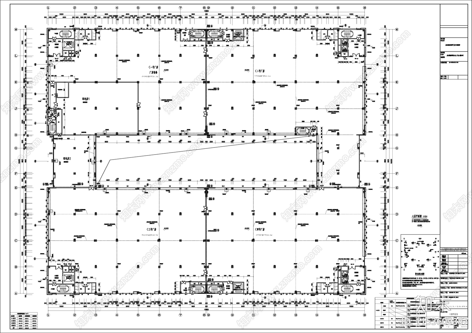 整套智谷产业园8层厂房建筑施工项目cad施工图下载【ID:1153609387】