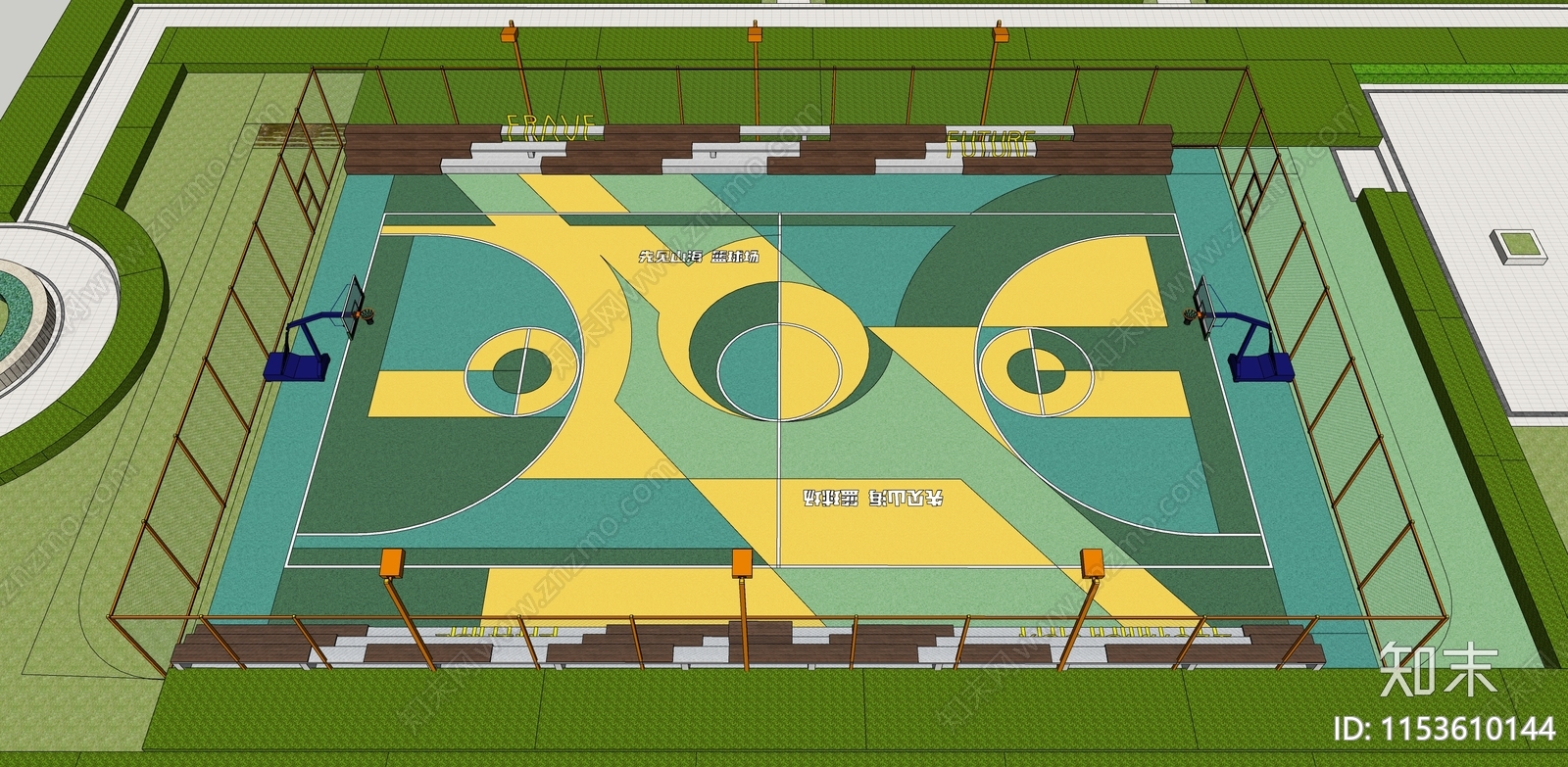 现代室外篮球场SU模型下载【ID:1153610144】