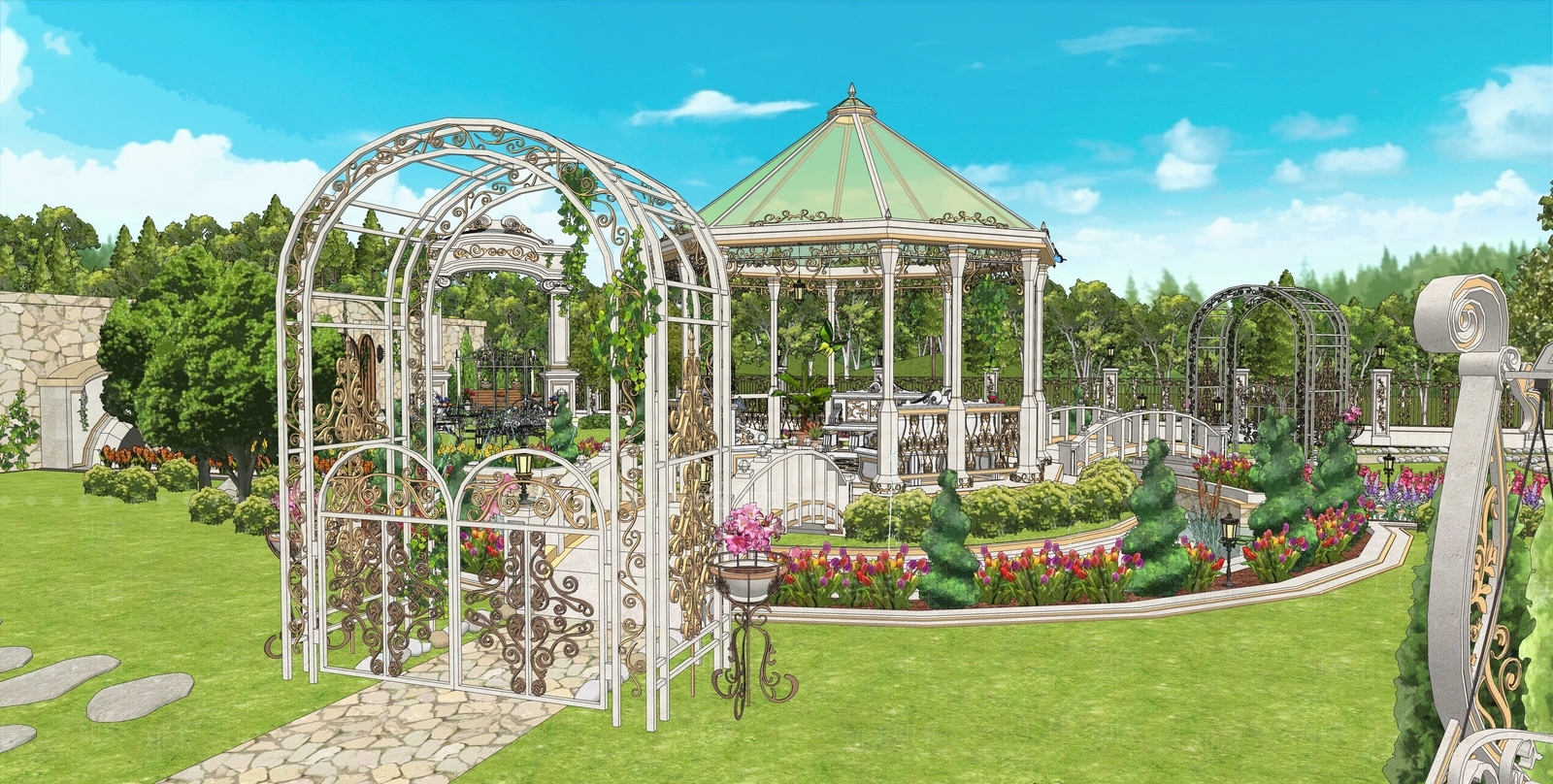 欧式庄园庭院花园SU模型下载【ID:1153616952】