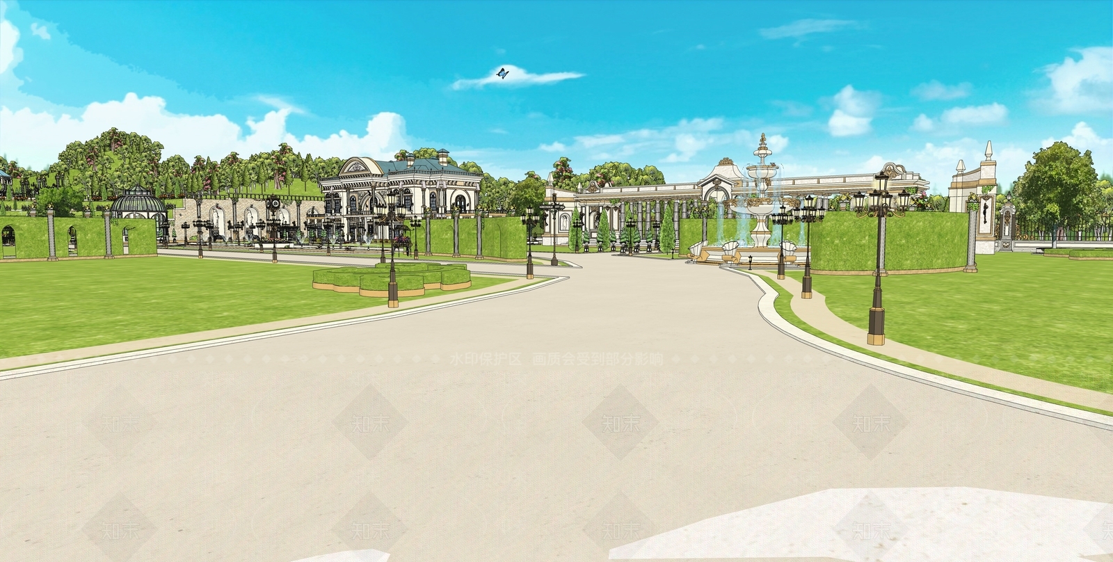 欧式庄园庭院花园SU模型下载【ID:1153617092】