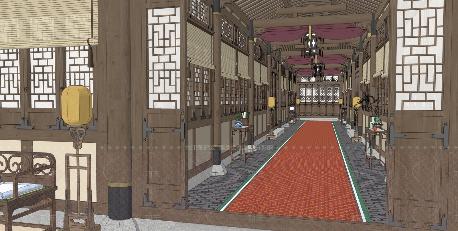 中式酒店走廊SU模型下载【ID:1215951576】