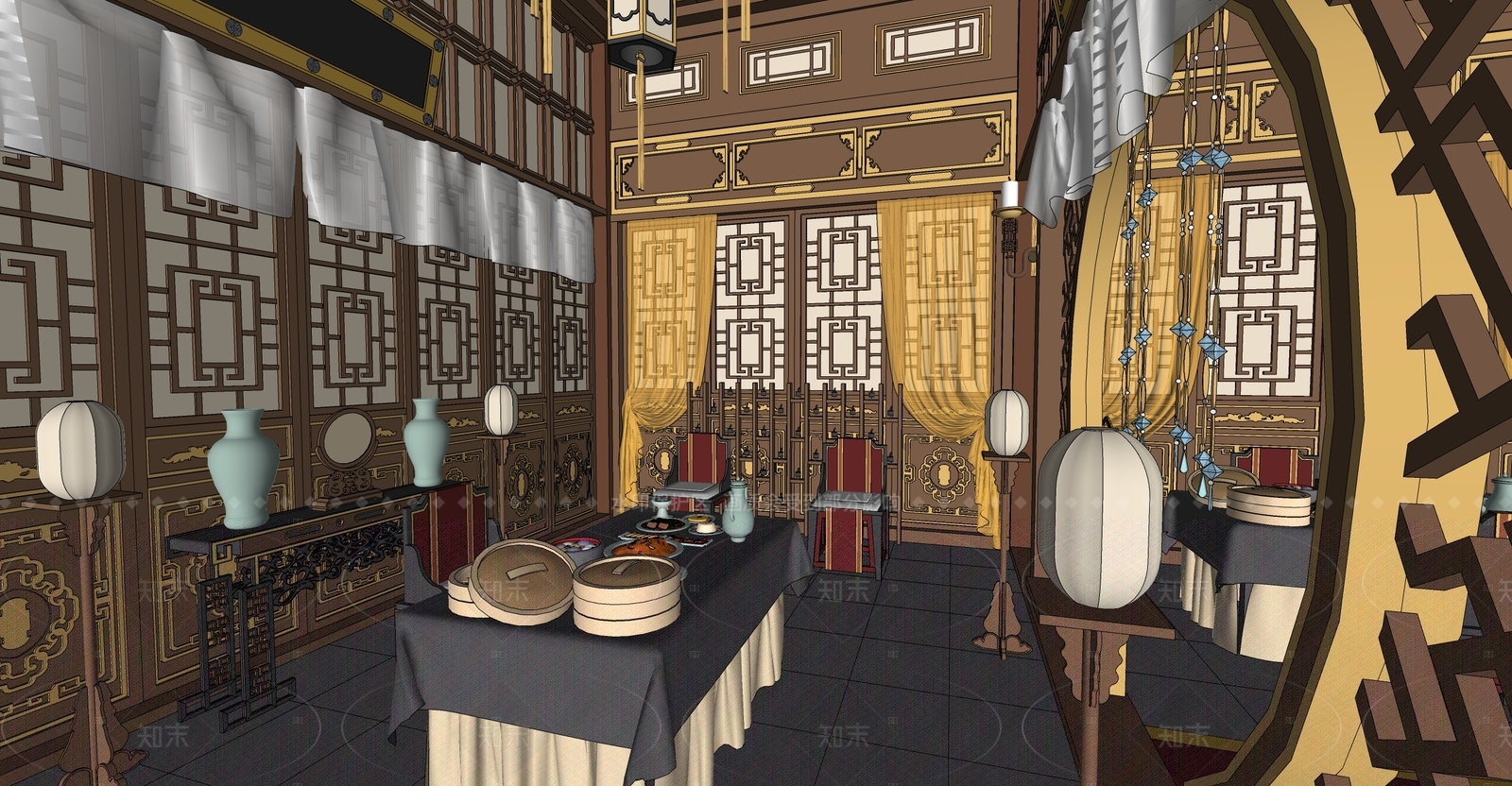 中式风格宴会餐厅SU模型下载【ID:1153627725】