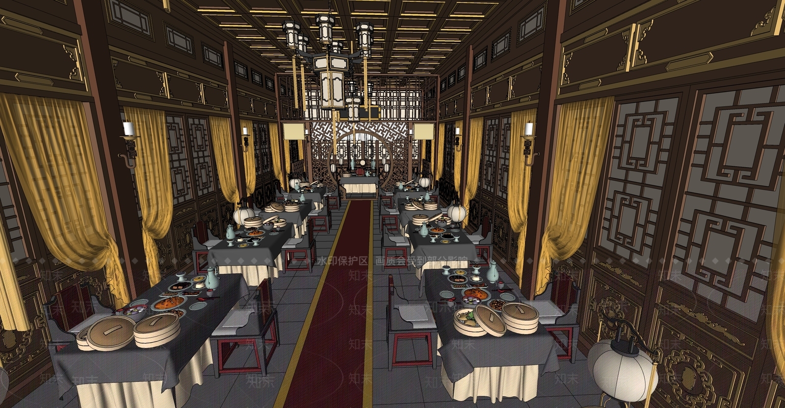 中式风格宴会餐厅SU模型下载【ID:1153627725】
