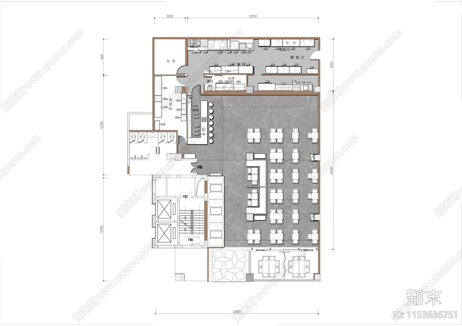 500㎡西餐厅平面布置图施工图下载【ID:1153636751】