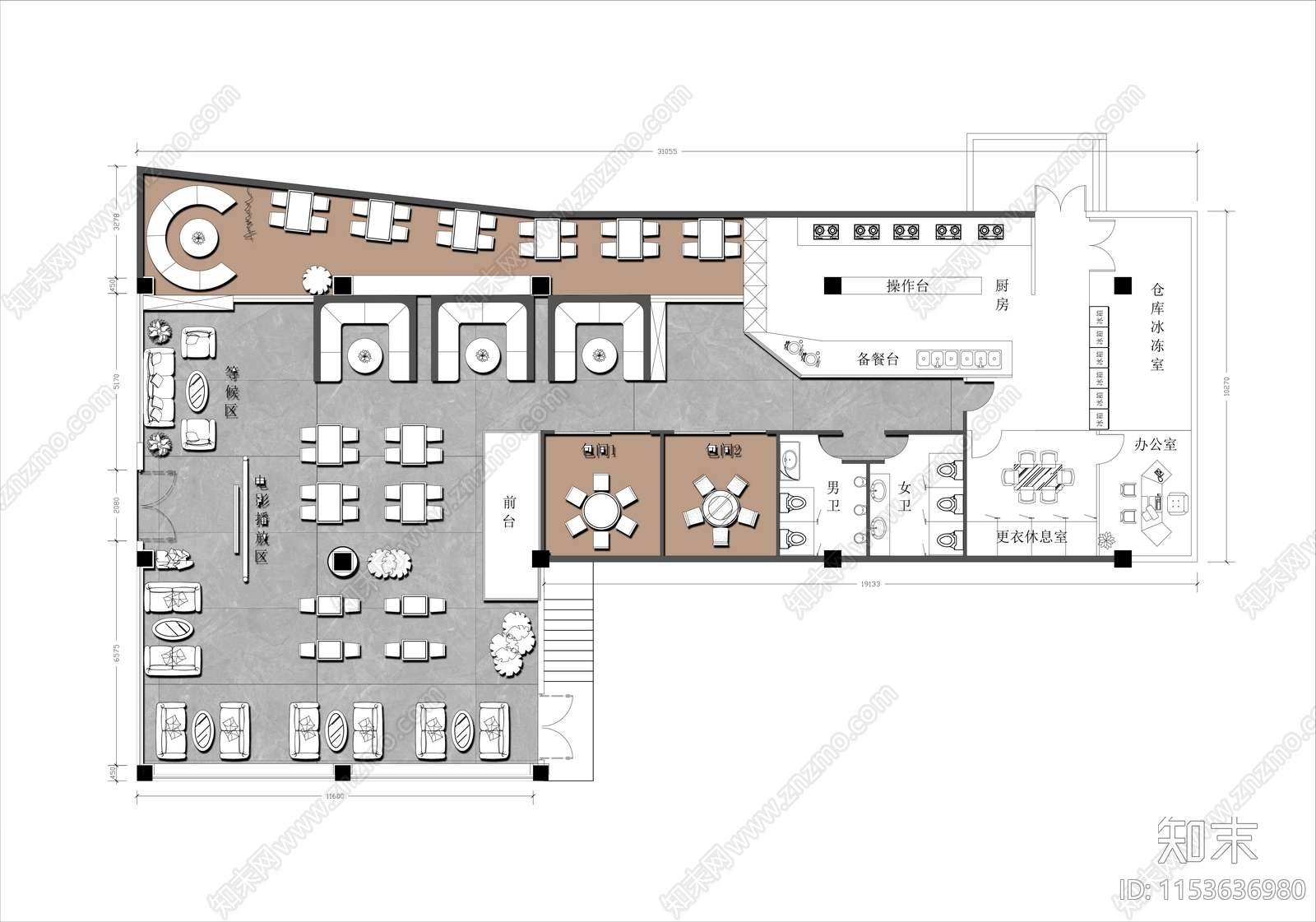 400㎡西餐厅平面布置图施工图下载【ID:1153636980】