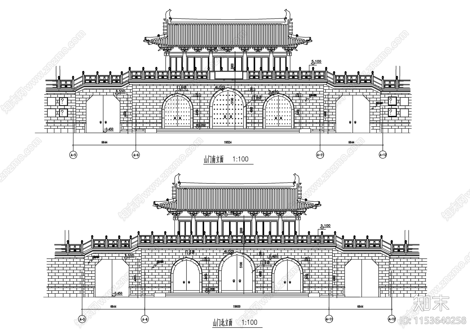 仿古山门建筑cad施工图下载【ID:1153640258】