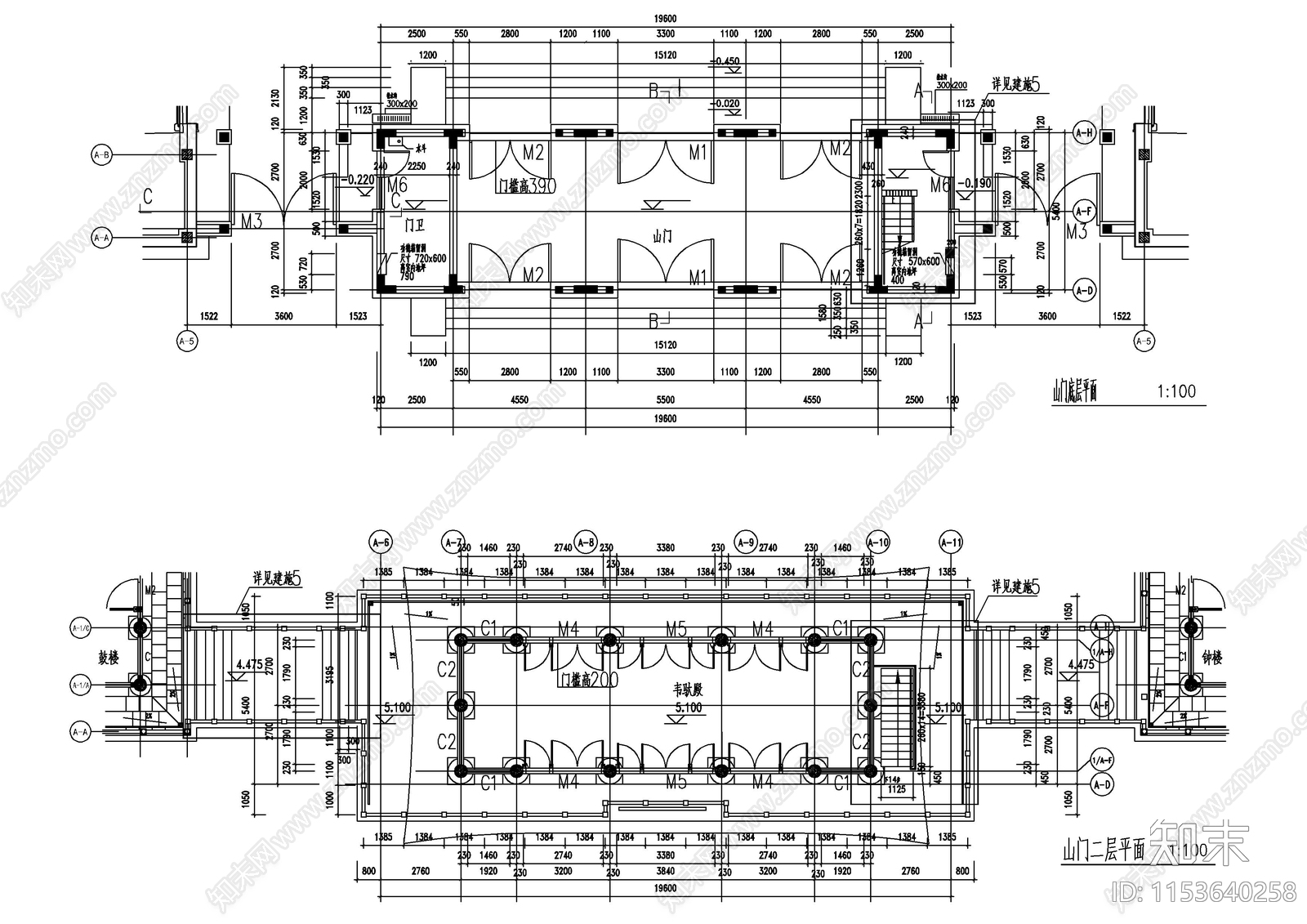 仿古山门建筑cad施工图下载【ID:1153640258】