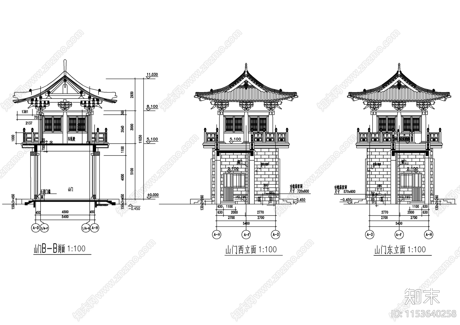 仿古山门建筑cad施工图下载【ID:1153640258】