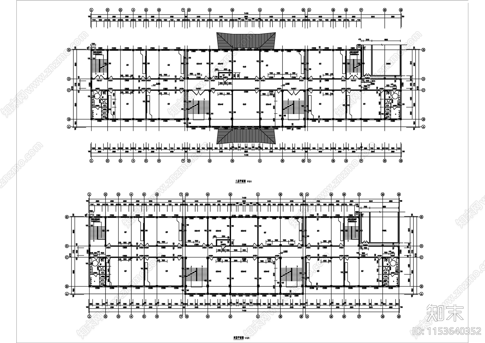 仿古中学教学楼cad施工图下载【ID:1153640352】