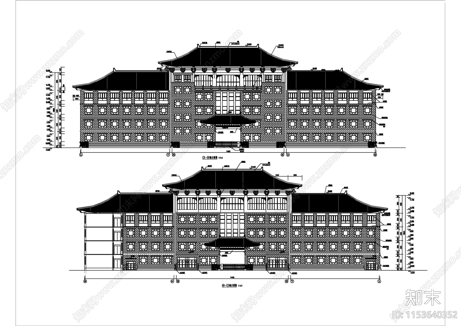 仿古中学教学楼cad施工图下载【ID:1153640352】