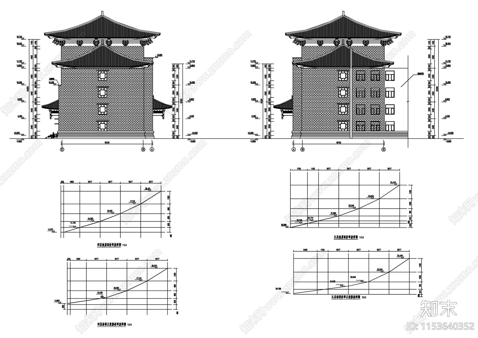 仿古中学教学楼cad施工图下载【ID:1153640352】