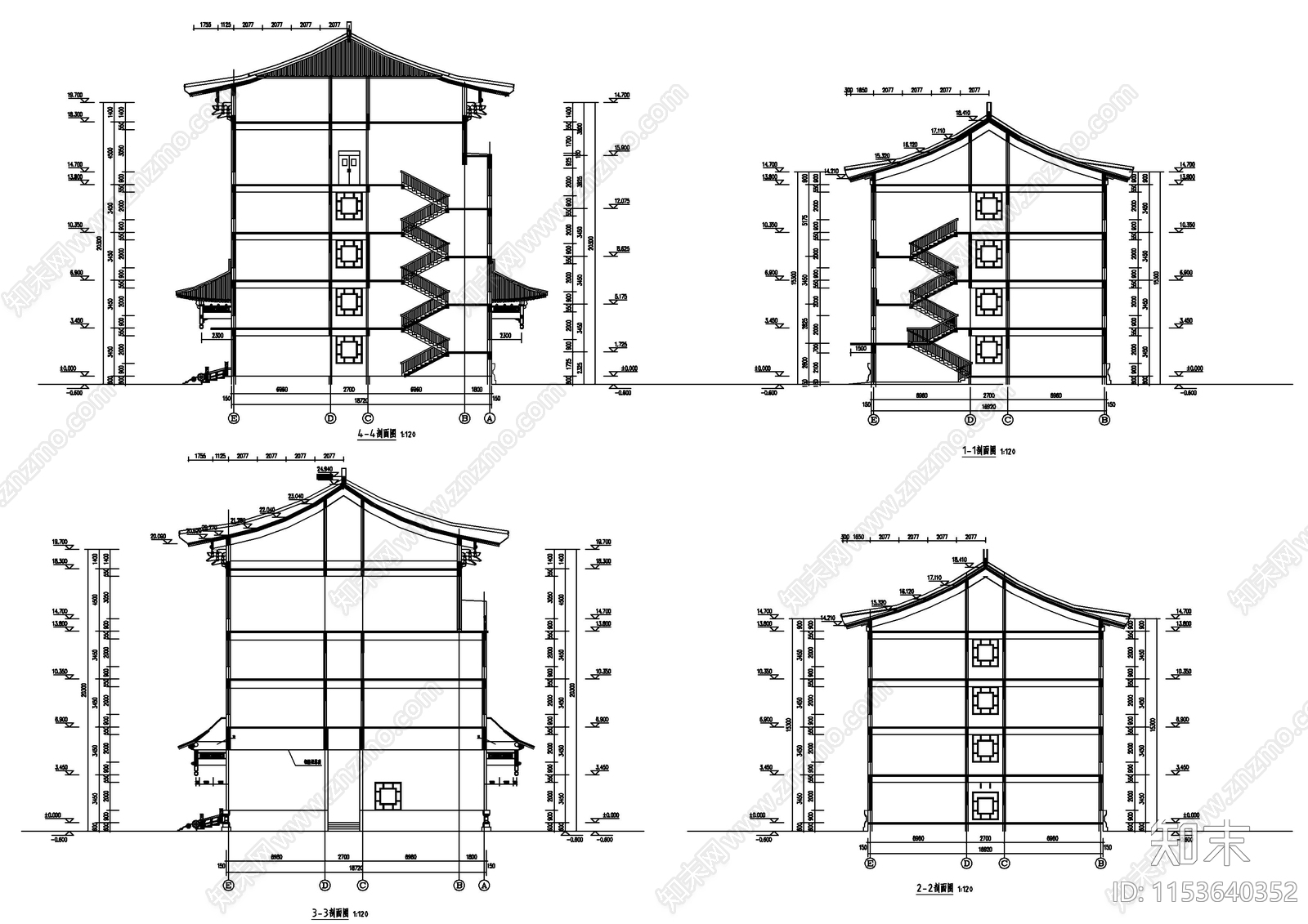 仿古中学教学楼cad施工图下载【ID:1153640352】