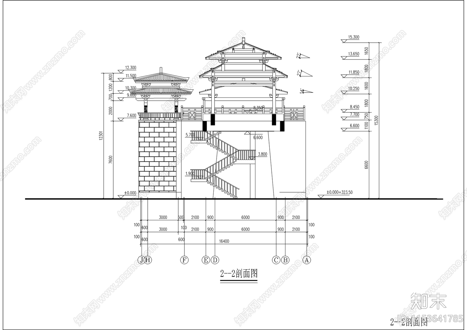 古城景区山门建筑设计cad施工图下载【ID:1153641785】